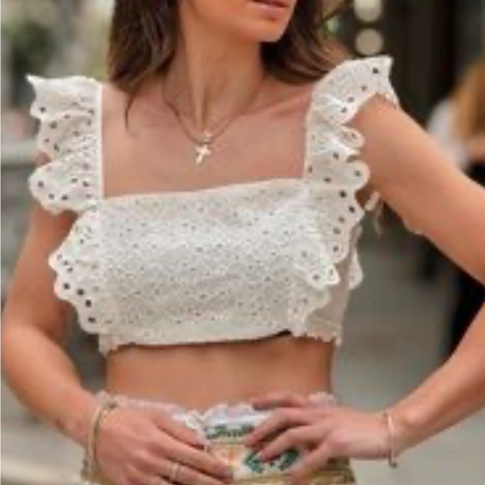 7 for all mankind • Eyelet Smocked Ruffled Crop Top